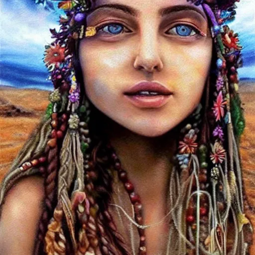 Image similar to a realistic detailed photo of a beautiful hippie girl