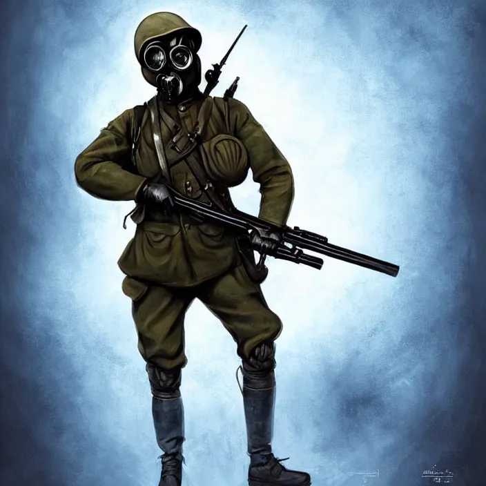 Prompt: portrait of a ww 1 german soldier with gas mask and rifle running towards us, scary, dark ominous mood, epic cold blue lighting, red rim light, in the style of artgerm and charlie bowater and atey ghailan and mike mignola, vibrant colors and hard shadows and strong rim light, comic cover art, plain background, trending on artstation