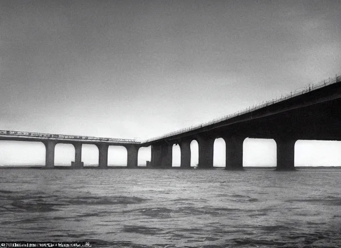 Image similar to grainy futuristic photo of the remains of an enormous broken freeway bridge on the new york coast after the apocalypse ; the bridge leads into the wide ocean