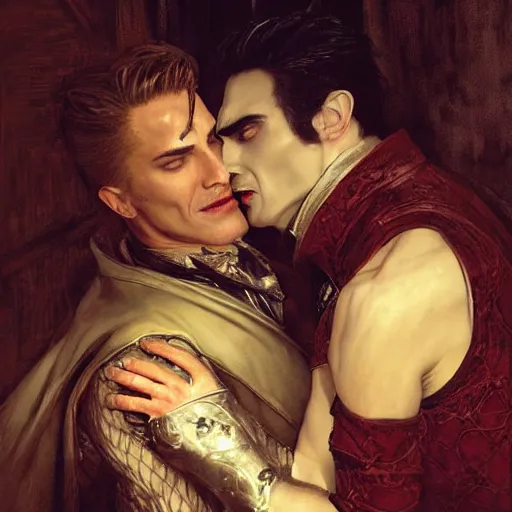 Image similar to attractive male, arthur pendragon confesses his love to attractive male dracula the vampire. highly detailed painting by gaston bussiere, craig mullins, j. c. leyendecker 8 k