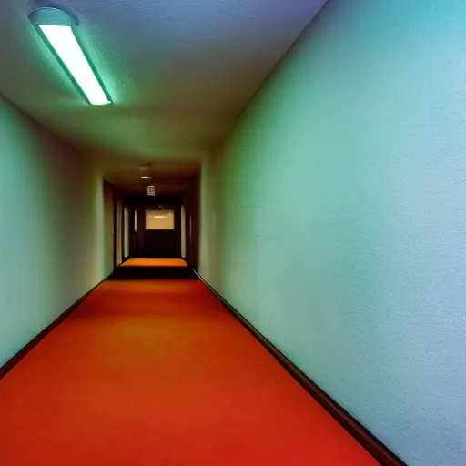 Prompt: color photograph of a liminal pool room with an endless hallway and dark tunnel, terraces, minimalist, oddly familiar, cinematic, dramatic lighting, soft vintage glow, noisy-n 9