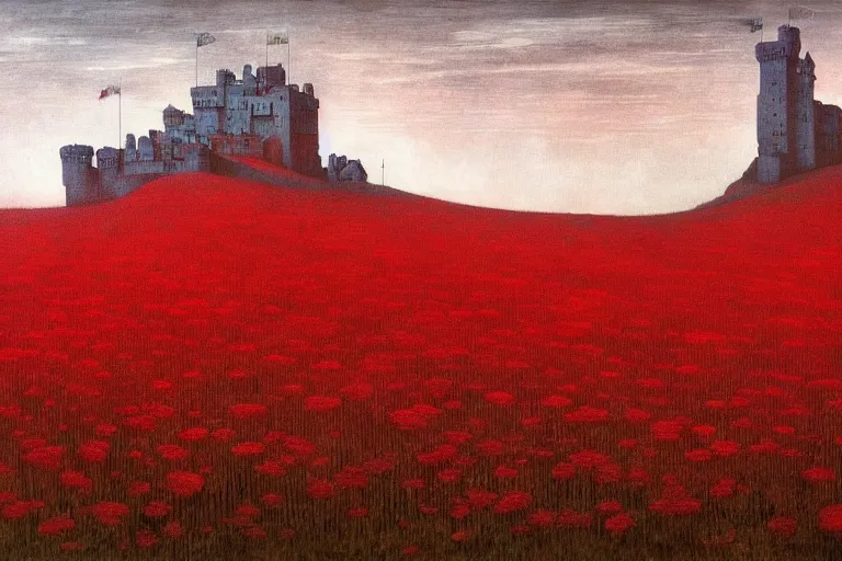 Image similar to only with red, red flowers, a red tiger, a castle in the background, medieval demons, an ancient path, in the style of beksinski, part by hopper, part by rodcenko, part by hofbauer, intricate composition, red by caravaggio, insanely quality, highly detailed, masterpiece, red light, artstation