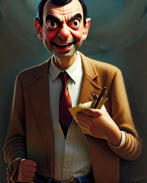 Image similar to mr bean dressed as woody from toy story, fine details, realistic shaded lighting poster by greg rutkowski, magali villeneuve, artgerm, jeremy lipkin and michael garmash and rob rey