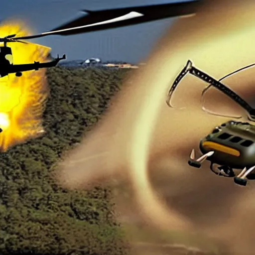 Image similar to macaroni and cheese monster attacking a helicopter. Still from a big budget action movie.