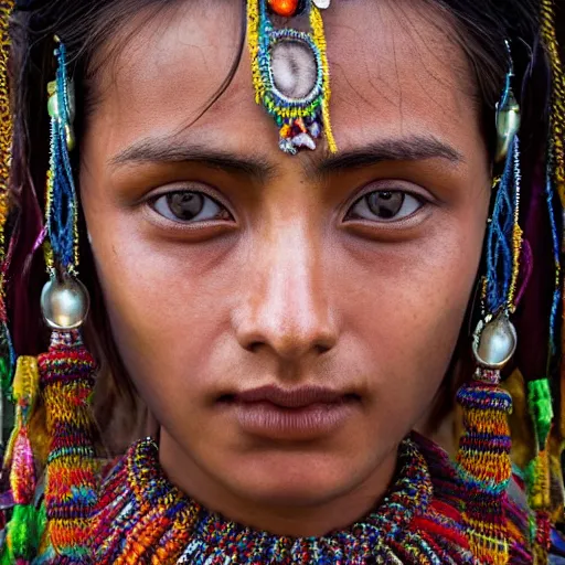 Prompt: portrait of a stunningly beautiful himalayan tribal female, depth of field, zeiss lens, detailed, symmetrical, centered, fashion photoshoot, by Annie Leibovitz and Steve McCurry, David Lazar, Jimmy Nelsson, Breathtaking, 8k resolution, extremely detailed, beautiful, establishing shot, artistic, hyperrealistic, beautiful face, octane render