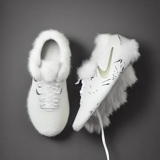 Image similar to nike shoe made of very fluffy white and gold faux fur placed on reflective surface, professional advertising, overhead lighting, heavy detail, realistic by nate vanhook, mark miner