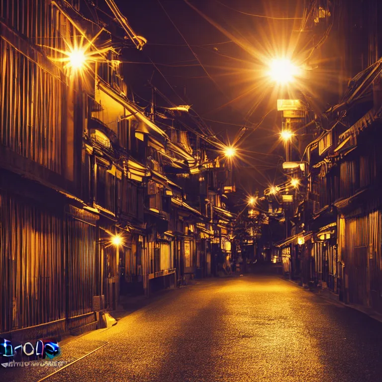 Image similar to photograph of kyoto street at night, bright street lamps, lens flare