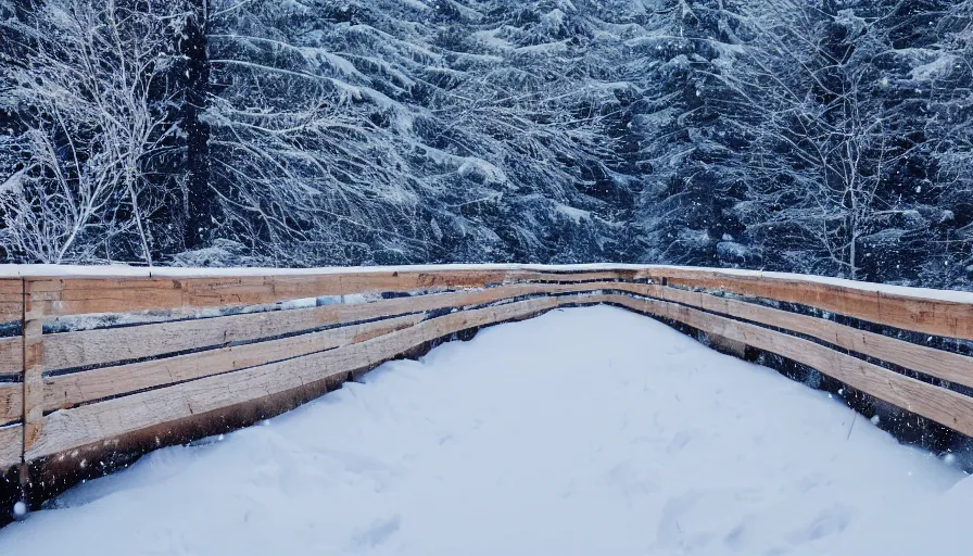 Image similar to wooden guardrails covered by snow in beautiful winter landscape. fog, snowstorm, photorealistic rendering, octane