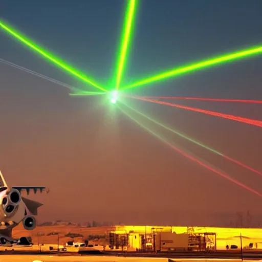 Prompt: giant laser aiming at a airplane