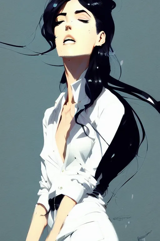 Image similar to a ultradetailed beautiful panting of a stylish woman, she is wearing a white shirt with a tie and black pants, by conrad roset, greg rutkowski and makoto shinkai trending on artstation