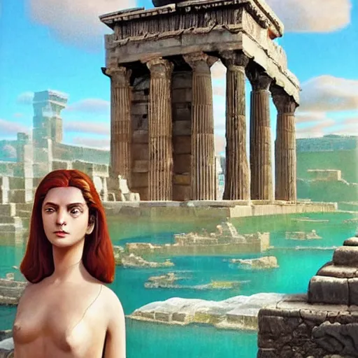 Image similar to young ancient greek godess in helmet, giant gray-haired bearded male head in background, ancient greek temple in background, by David Ligare, wide angle scifi landscape, hyperrealistic surrealism, award winning masterpiece with incredible details, epic stunning, infinity pool, a surreal vaporwave liminal space, highly detailed, trending on ArtStation, artgerm and greg rutkowski and alphonse mucha, daily deviation, IAMAG, broken giant marble head statue ruins, golden hour