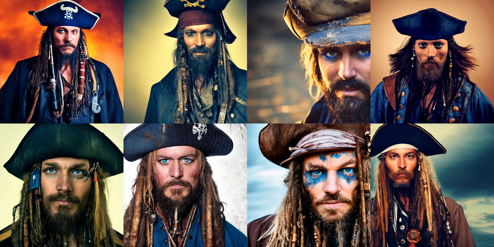 Prompt: night time portrait photo of a pirate captain with blue eyes and long brown bear and hair, faded worn blue coat and black hat, rugged and dirty, movie shot, color graded, 4k trailer