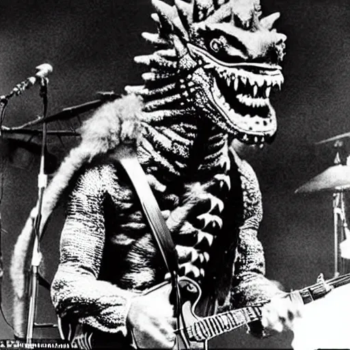 Prompt: a person in a Godzilla costume as Jimi Hendrix performing on stage at Woodstock, photo