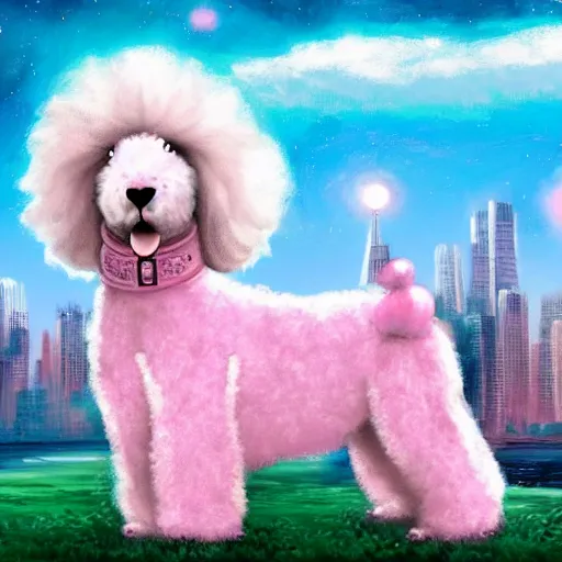 Image similar to cute fuzzy white poodle with pink mohawk hairstyle with night city landscape background detailed painting 4 k