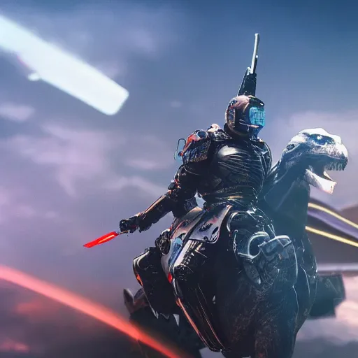 Prompt: a cyber knight riding a cyborg raptor, 8k, film still, cinematic, futuristic, sci fi, retro