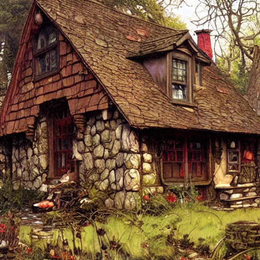 Image similar to witch cottage in the forest, art by norman rockwell and donato giancola and greg rutkowski