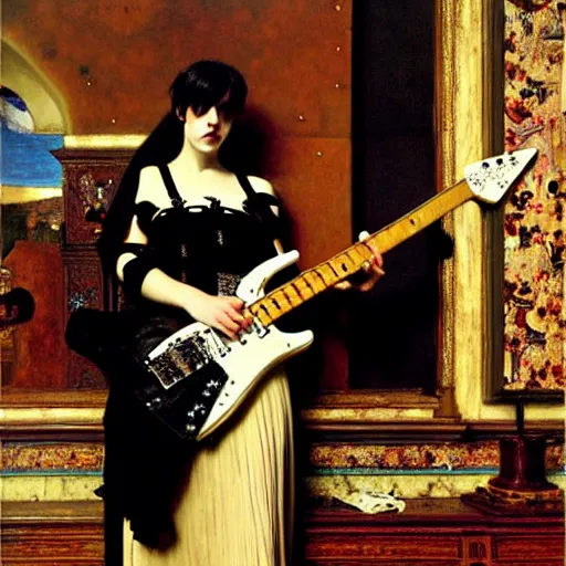 Image similar to Goth girl playing electric guitar by Mario Testino, oil painting by Lawrence Alma-Tadema, masterpiece