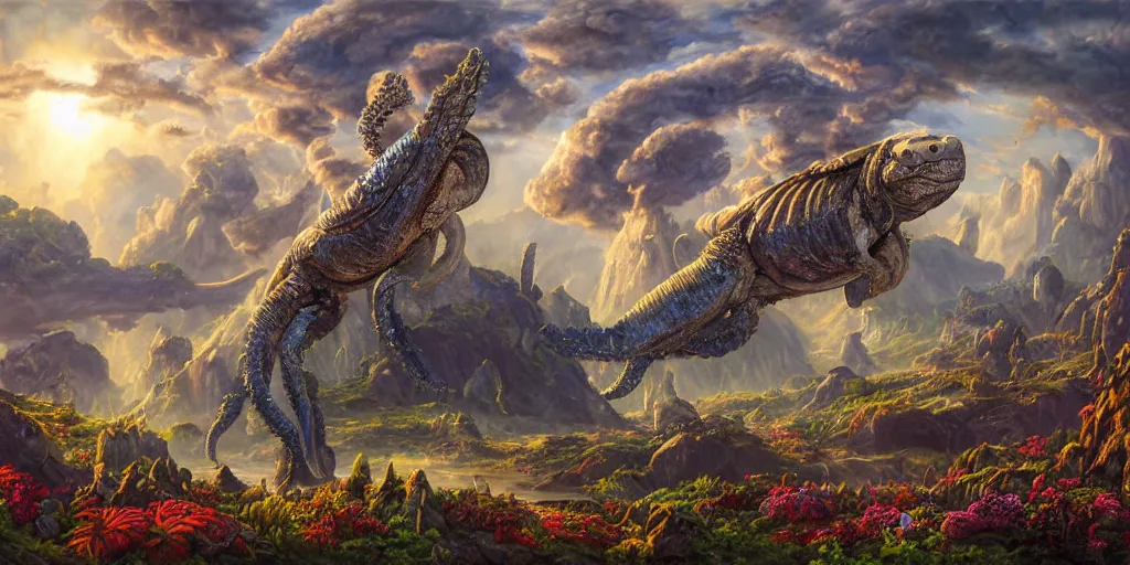 Image similar to fantasy oil painting, great leviathan, cybernetic turtle cephalopod terrapin reptilian pachyderm squid, bella hadid, hybrid, milla jovovich, anubis, epic natural light, lush plants flowers, spectacular mountains, bright clouds, luminous sky, outer worlds, golden hour, michael cheval, edward hopper, michael whelan, vray, hd