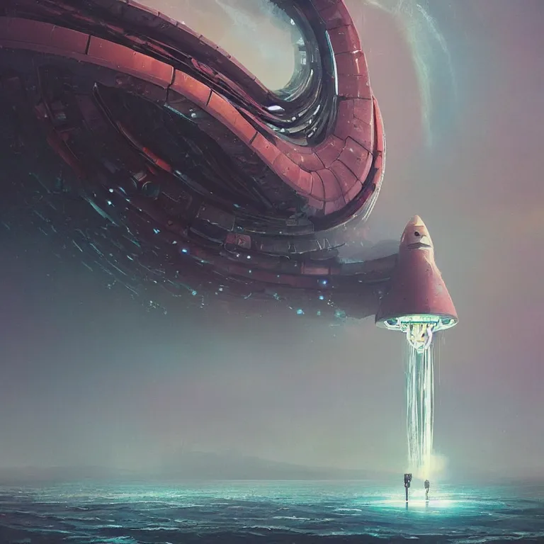 Prompt: mechanical nautilus spaceship dripping wet rising from a the ocean, sci - fi concept art, by john harris, by simon stalenhag, stunning, award winning
