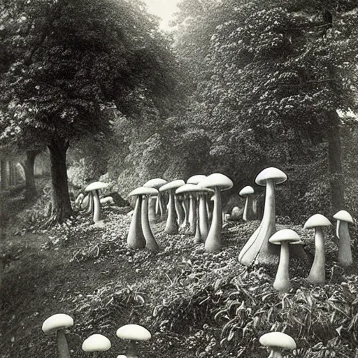 Image similar to Beautiful Victorian Photograph of a fantasy mushroom landscape