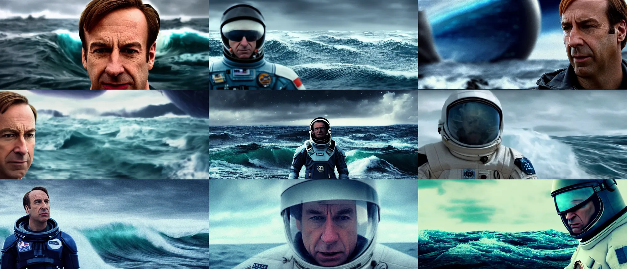 Prompt: on ocean , bokeh !!cinematic close up shot of saul goodman wearing the spacesuit in scene from the movie interstellar ,shady dull weather, panorama,natural dull colours, anamorphic, epic cinematic, DOF,exteremely giant ocean wave in background , escape,dramatic