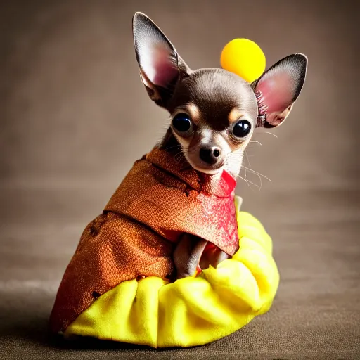 Image similar to photo of mini brown chihuahua in a bowser costume. Post processing , award winning , masterpiece , photo realistic