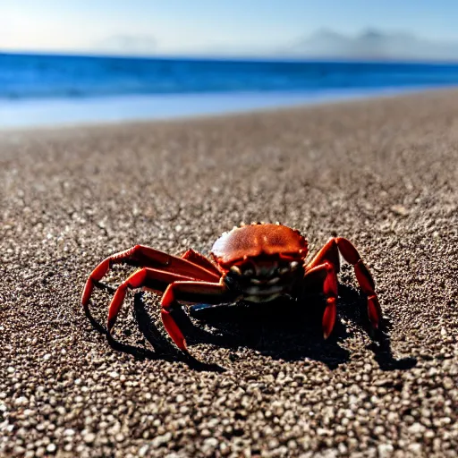Image similar to crab on beach on sand, sea in the background, sun is shining
