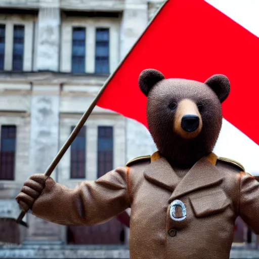 Prompt: a portrait of a socialist bear in a military uniform waving a red flag in Berlin, 4K realistic, hyper detailed, cinematic lighting, wow factor, award winning photo