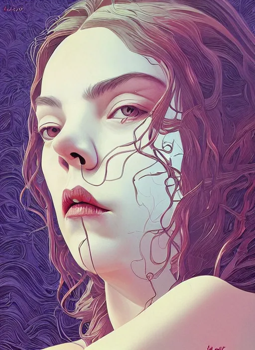 Prompt: poster artwork by Michael Whelan and Tomer Hanuka, Karol Bak Whether she was portraying the victim-turned-monster or monster-turned-victim, Anya Taylor-Joy is beautiful perfection, from scene from Twin Peaks, clean, simple illustration, nostalgic, domestic, full of details