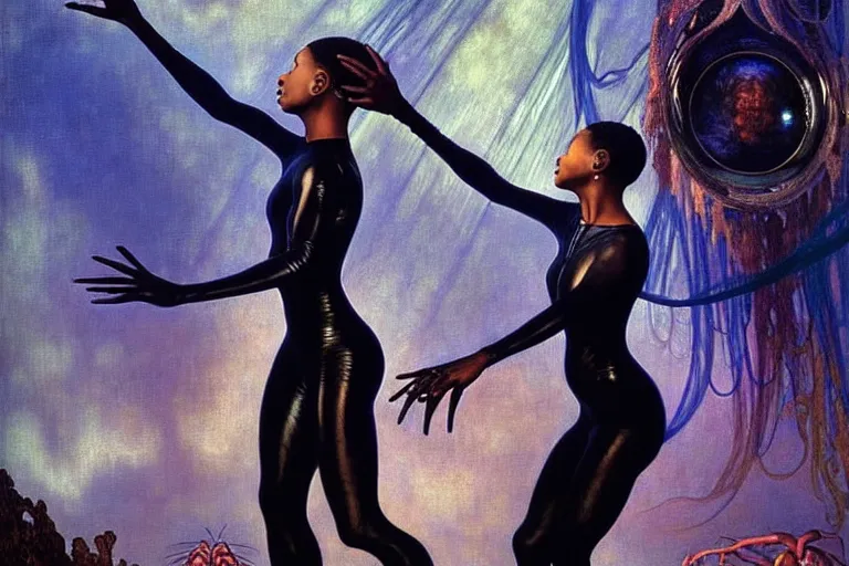 Image similar to realistic detailed portrait movie shot of a beautiful black woman in a transparent sheer suit raincoat dancing with a giant spider, futuristic sci fi landscape background by denis villeneuve, jean delville, monia merlo, ernst haeckel, alphonse mucha, max ernst, caravaggio, roger dean, sci fi necklace, masterpiece, dreamy, rich moody colours