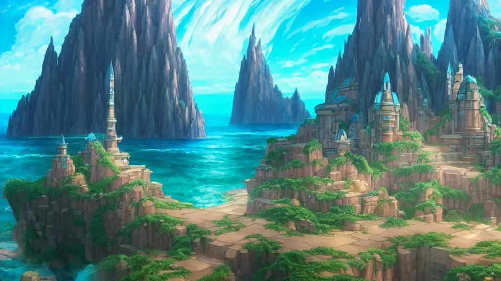 Image similar to atlantis, studio ghibli, pixar and disney animation, sharp, rendered in unreal engine 5, highly detailed, digital painting, artstation, concept art, smooth, sharp focus, illustration, wide angle, artbook, wallpaper, splash art, promo art, dramatic lighting, art by artgerm and greg rutkowski and bo chen and jin xiaodi