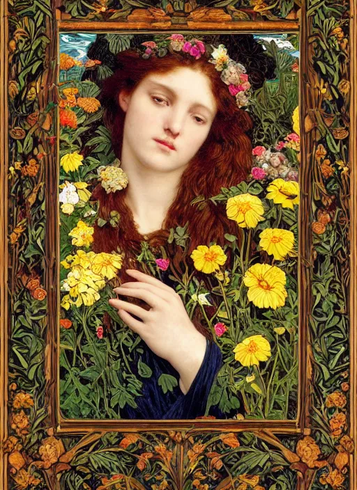 Prompt: masterpiece beautiful seductive flowing curves preraphaelite face portrait amongst flowers, extreme close up shot, straight bangs, thick set features, yellow ochre ornate medieval dress, laying amongst foliage mushroom forest circle arch, frederic leighton and kilian eng and rosetti and preraphaelites, william morris, framed, 4 k