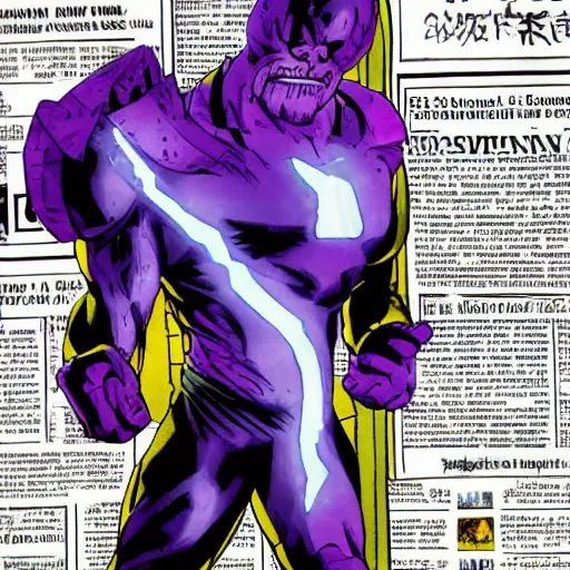 Prompt: Thanos is reading a newspaper, by Shinji Aramaki