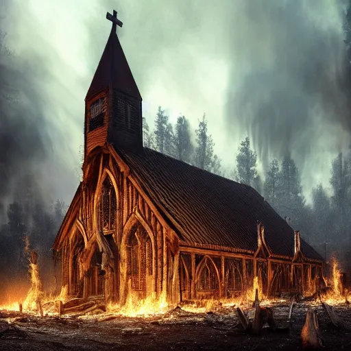 Prompt: hyperrealistic photograph of the norway wood churches burned to the ground, fire, giant bones, skeletons, dim volumetric lighting, octane beautifully detailed render, extremely hyper detailed, intricate, epic composition, cinematic lighting, masterpiece, trending on artstation, very detailed, stunning, hdr, smooth, sharp focus, high resolution, award, winning photo