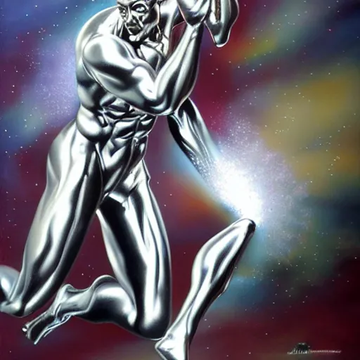 Prompt: photorealistic, hyperdetailed, oil painting, of a silver, silver surfer, space, by hajime sorayama