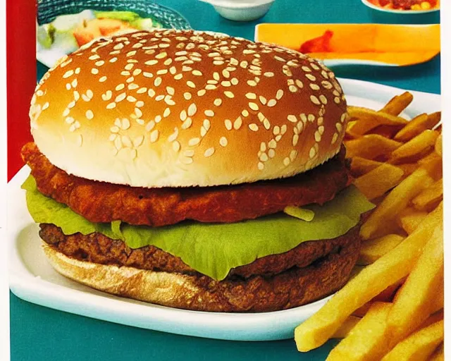 Image similar to 1970's cookbook color photograph of a big Mac with side of fries sharp detail high detail