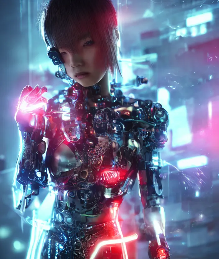 Image similar to japanese model cyborg with digital led panel skin, neon lighting, techno neon projector background, akihiko yoshida style, portrait photo, intricate details, ultra realistic, unreal engine 5, depth of field, bokeh, octane render