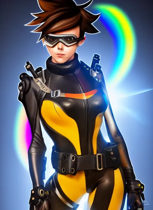 Image similar to full body digital artwork of tracer overwatch, confident pose, wearing black iridescent rainbow latex, 4 k, expressive happy smug expression, makeup, in style of mark arian, wearing detailed black leather collar, wearing sleek armor, black leather harness, expressive detailed face and eyes,