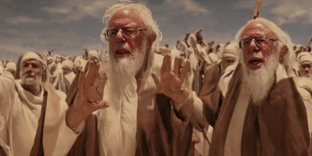 Prompt: Bernie Sanders as Moses, parting the Red Sea, in screenshot from the 10 Commandments movie