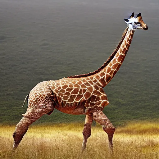 Image similar to a Giraffe with the armor of a pangolin, national geographic photograph