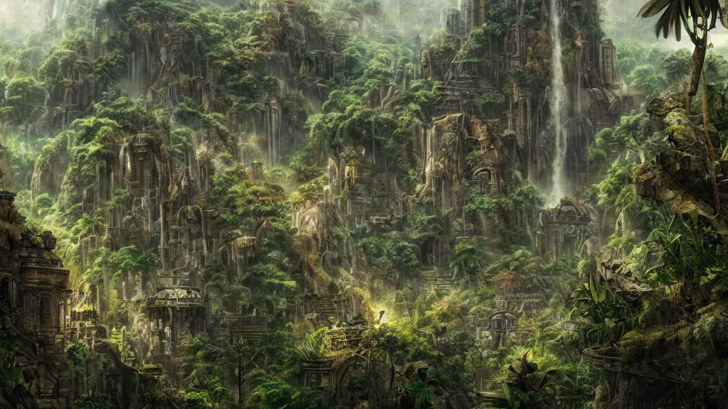 Prompt: Trending on artstation, beautiful lost city inside a jungle, detailed matte painting, oil on canvas