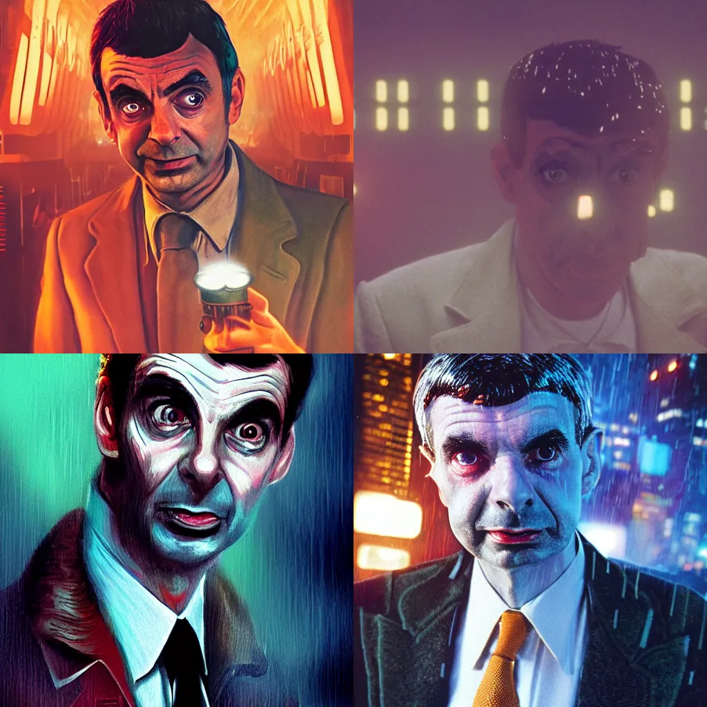 Prompt: portrait of mr bean as deckard, blade runner, gritty, funny, dramatic lighting