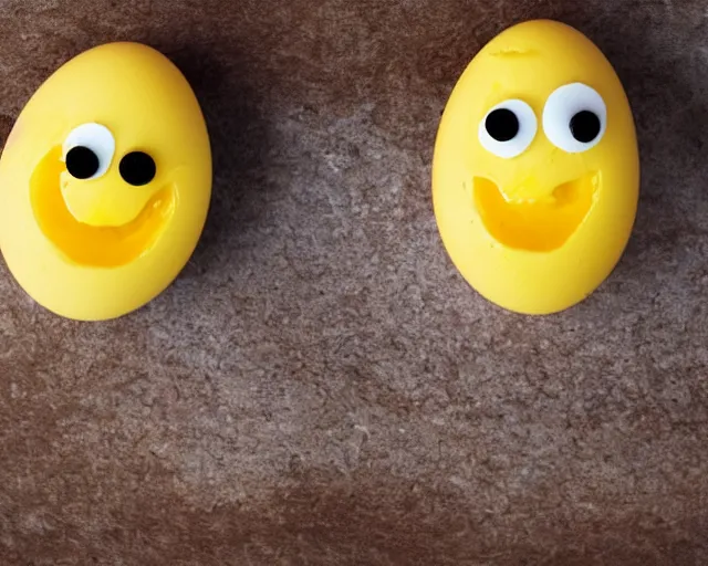 Image similar to eggs with happy faces on them. they have arms and legs made of twigs. yolk is pouring out of their snout. they have a broken nose. but its ok