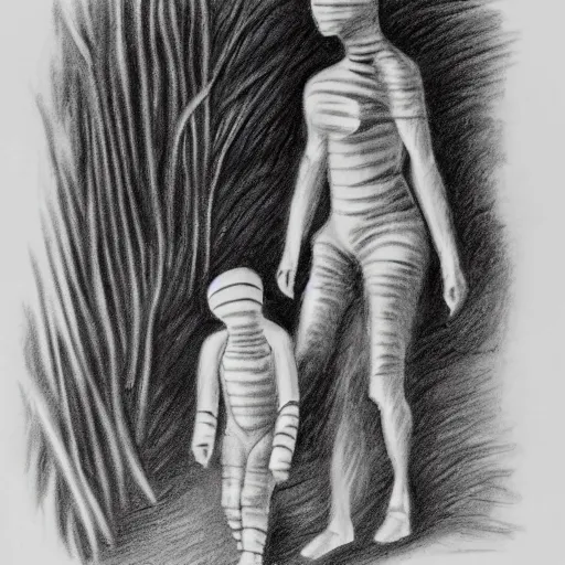 Image similar to bandaged mummy walks through camp, in jungle, pencil drawing, engraving, simple