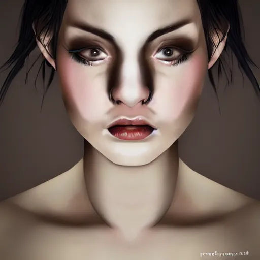 Prompt: fantasy portrait of a beautiful pale - skinned girl with black hair and short bangs, the corners of the eyes are turned down, thin nose with piercing and a ring is inserted, brown eyes, long eyelashes, plump lips