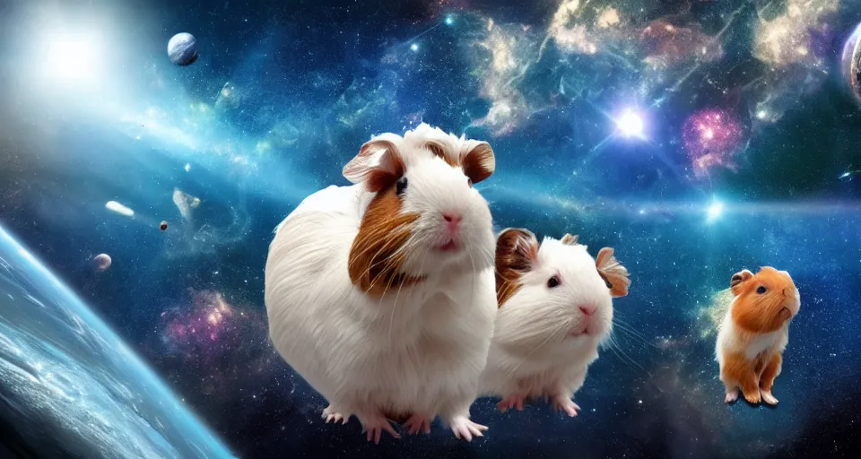 Prompt: ultra realistic guineapigs floating in space suits floating in space, 4 k, 8 k, nebula, universe, many stars, space station