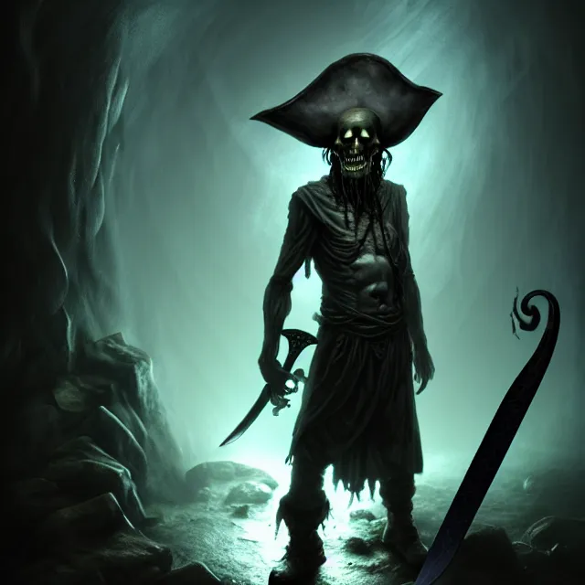 Prompt: photo of a ghostly pirate head and torso, holding a sword and standing in a grotto, photorealistic, dark, lovecraft, paul carrick, atmospheric lighting, painted, intricate, ultra detailed, well composed, best on artstation, cgsociety, epic, stunning, gorgeous, intricate detail, wow, masterpiece