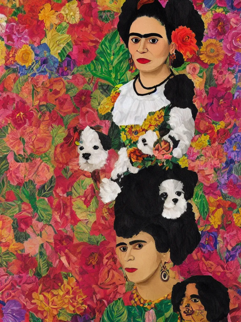 Image similar to portrait of a cream colored havanese dog dressed as frida kahlo, surreal background, naive art, by frida kahlo