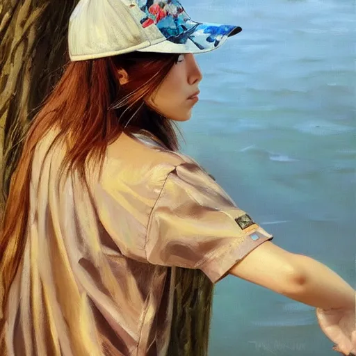 Image similar to oil painting by ilya kuvshinov,, chad knight, artgerm craig mullins, coby whitmore, of a youthful japanese girl, long hair, fishing and wearing fisherman's outfit, fisherman's hat, highly detailed, breathtaking face, studio photography, noon, intense bounced light, water reflection, large tree casting shadow, serine intense sunlight