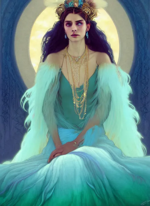 Prompt: ombre velvet gown, cyan, feathers, lovely bohemian princess, portrait, long hair, tiara, dozens of jeweled necklaces, feral languid woman, by greg rutkowski, brom, anato finnstark, alphonse mucha